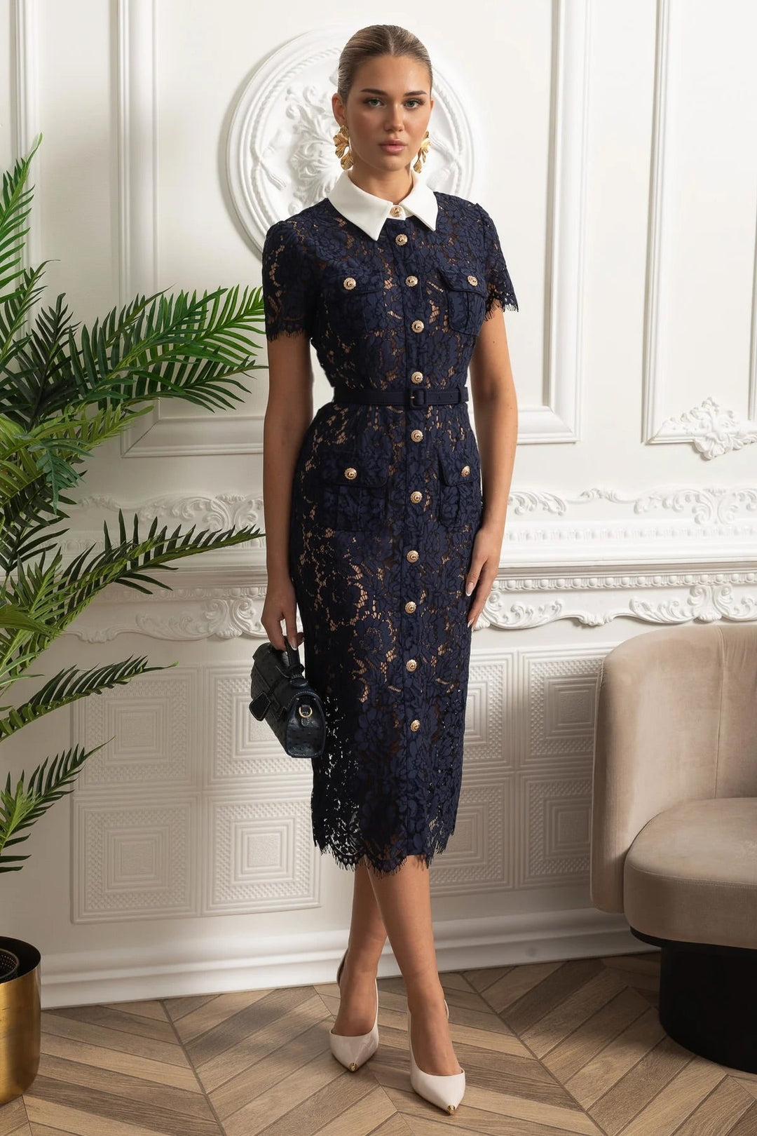 ELEONORA | Midi Lace Dress with Collar and Belt
