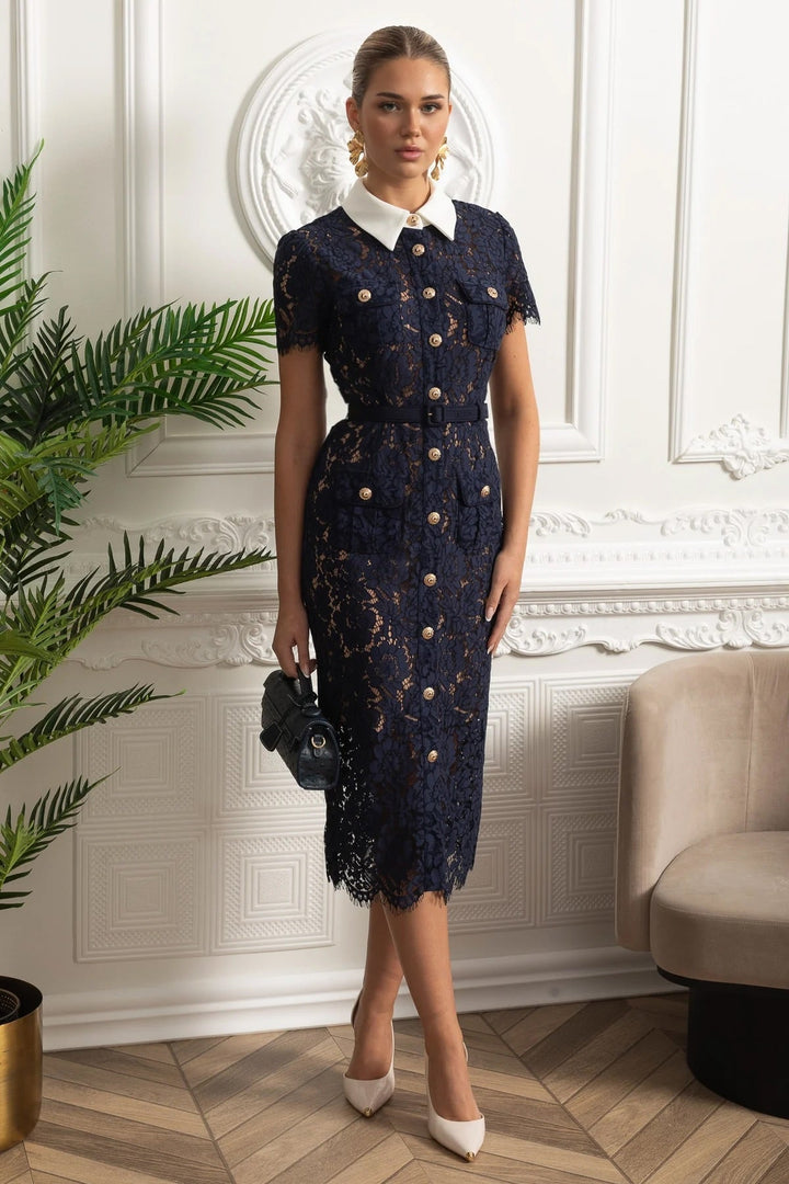 ELEONORA | Midi Lace Dress with Collar and Belt