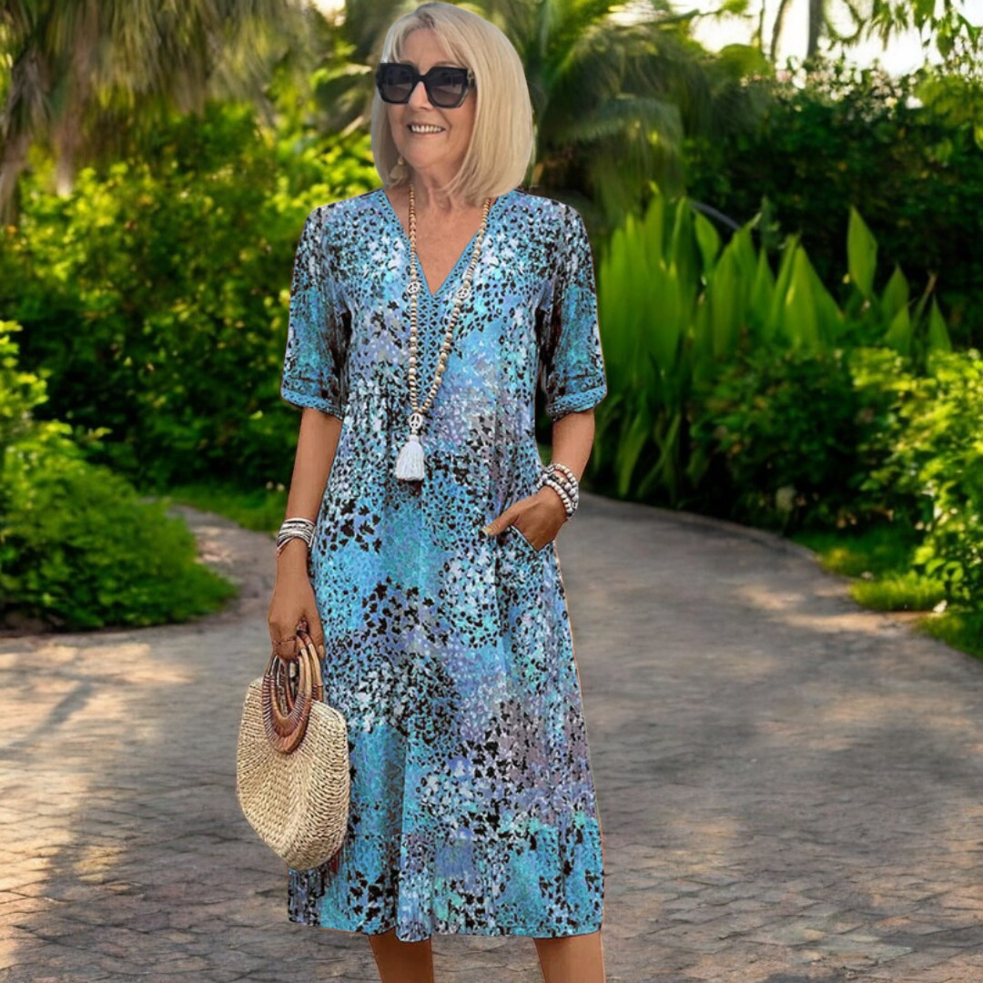 Ashley | Gedrucktes V-Ausschnitt Midi-Kleid