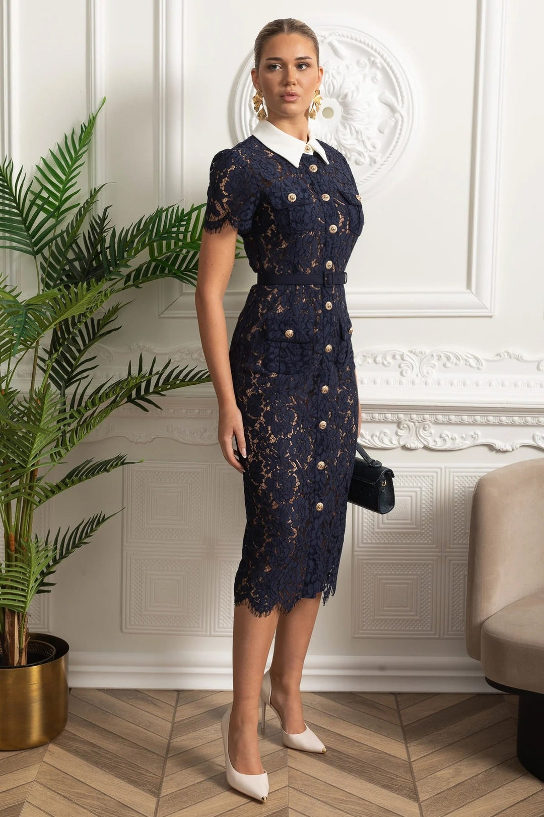 ELEONORA | Midi Lace Dress with Collar and Belt