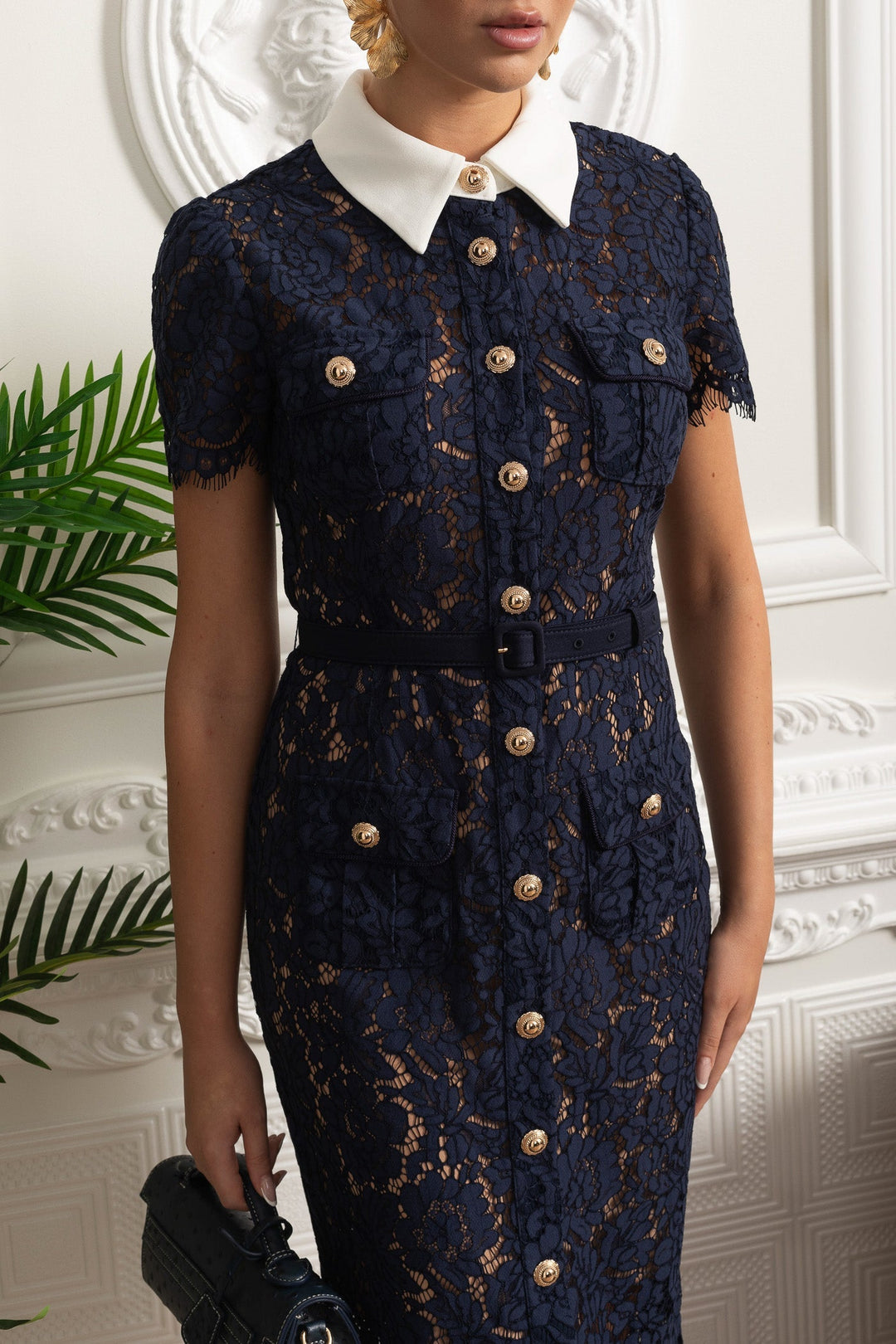 ELEONORA | Midi Lace Dress with Collar and Belt