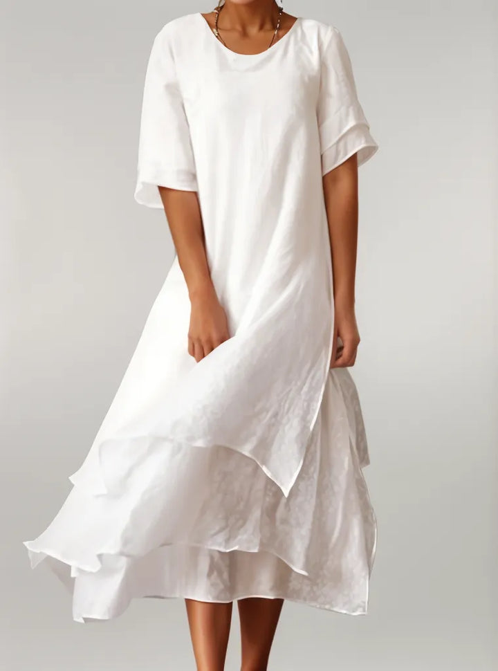 Jasmine | Geschichtetes Fließendes Midi-Kleid" can be rewritten as:

"Jasmine | Layered Flowing Midi Dress