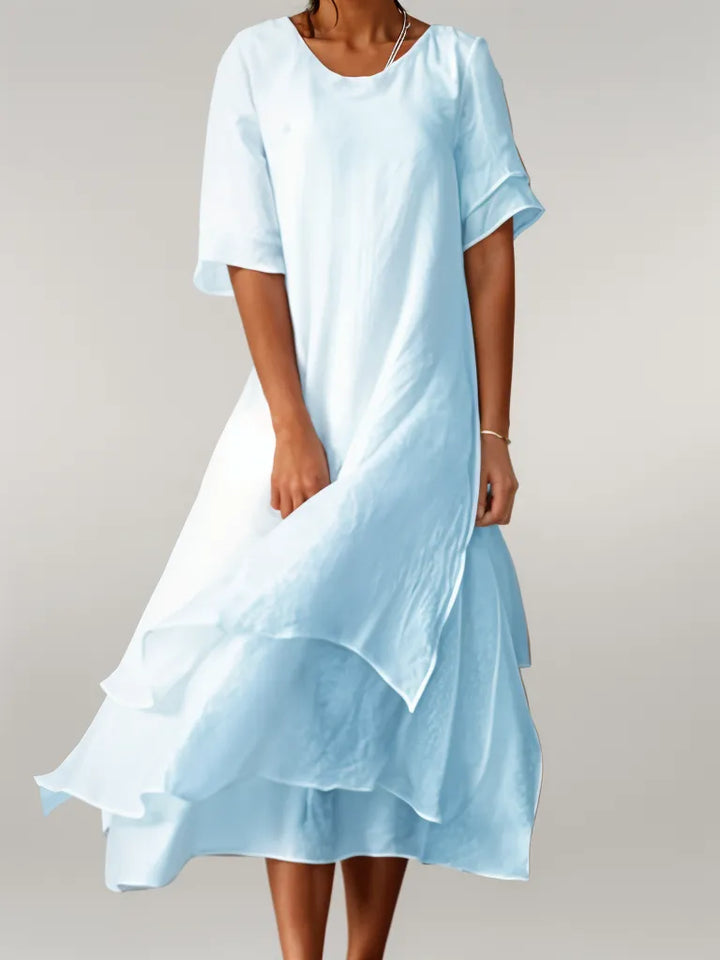 Jasmine | Geschichtetes Fließendes Midi-Kleid" can be rewritten as:

"Jasmine | Layered Flowing Midi Dress